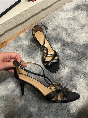 Talbots Black Leather Strappy Snake-Embossed Sandals